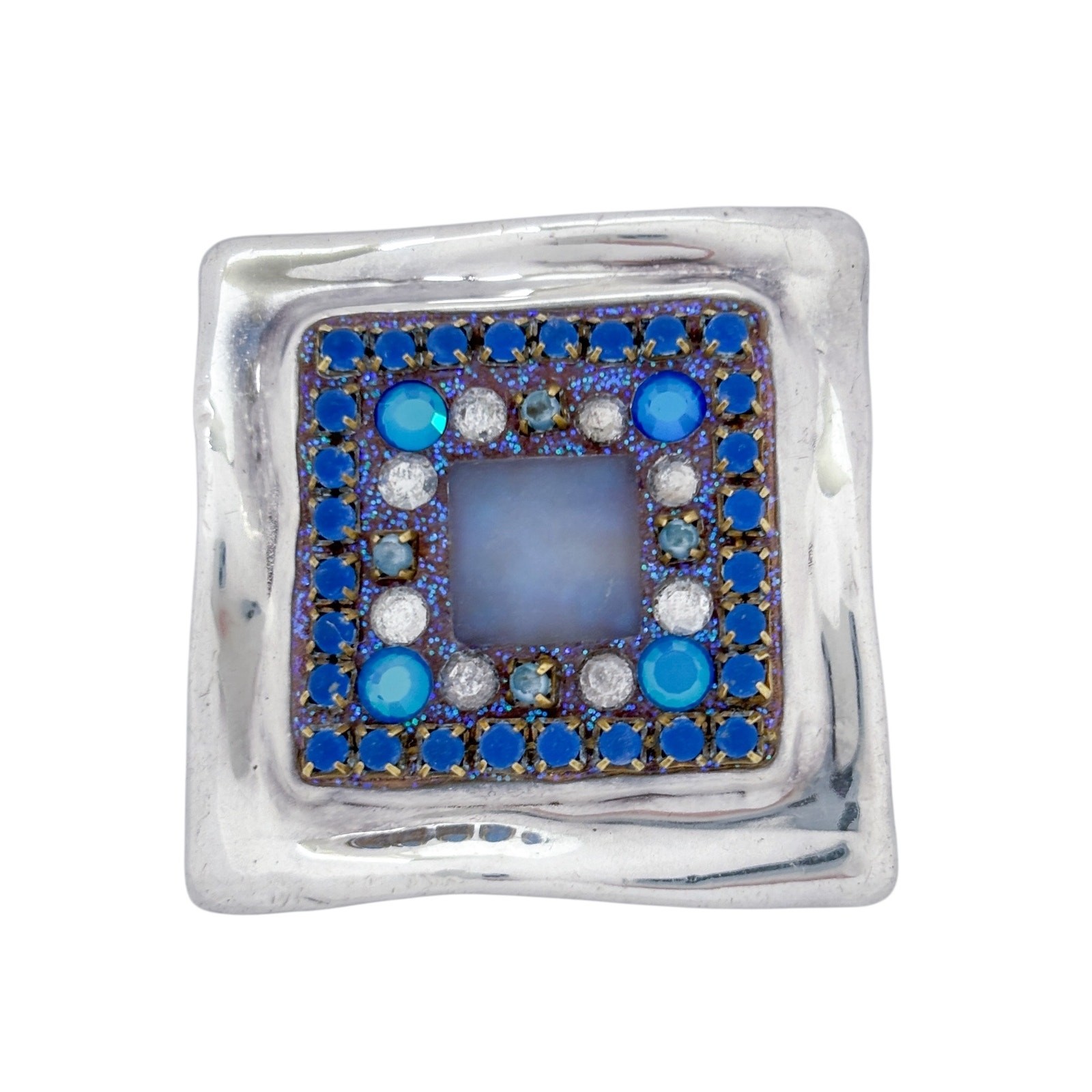 Artisan Electroform Sterling Silver 925 Blue Crystal Bead Enamel Square Pendant