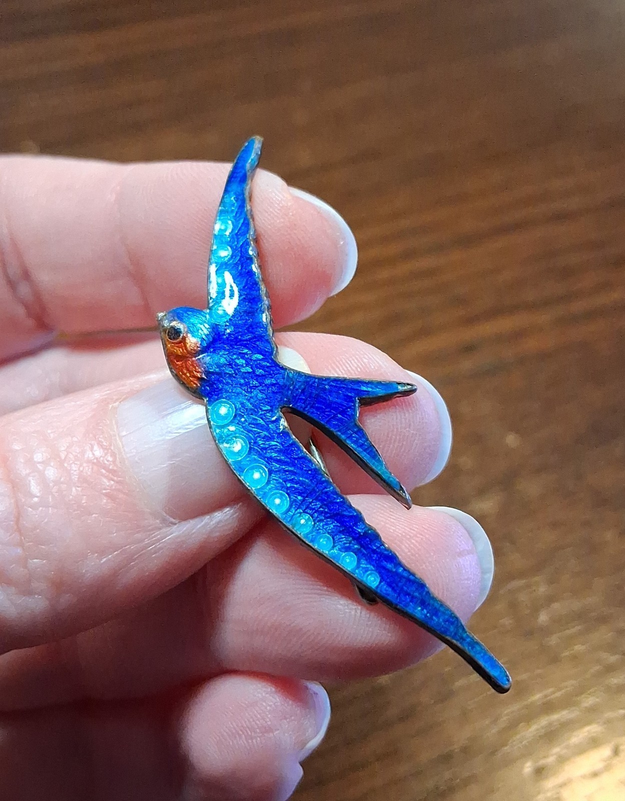 Antique Guilloche Enamel Bluebird Pin Brooch Slight Damage See Pics/Description