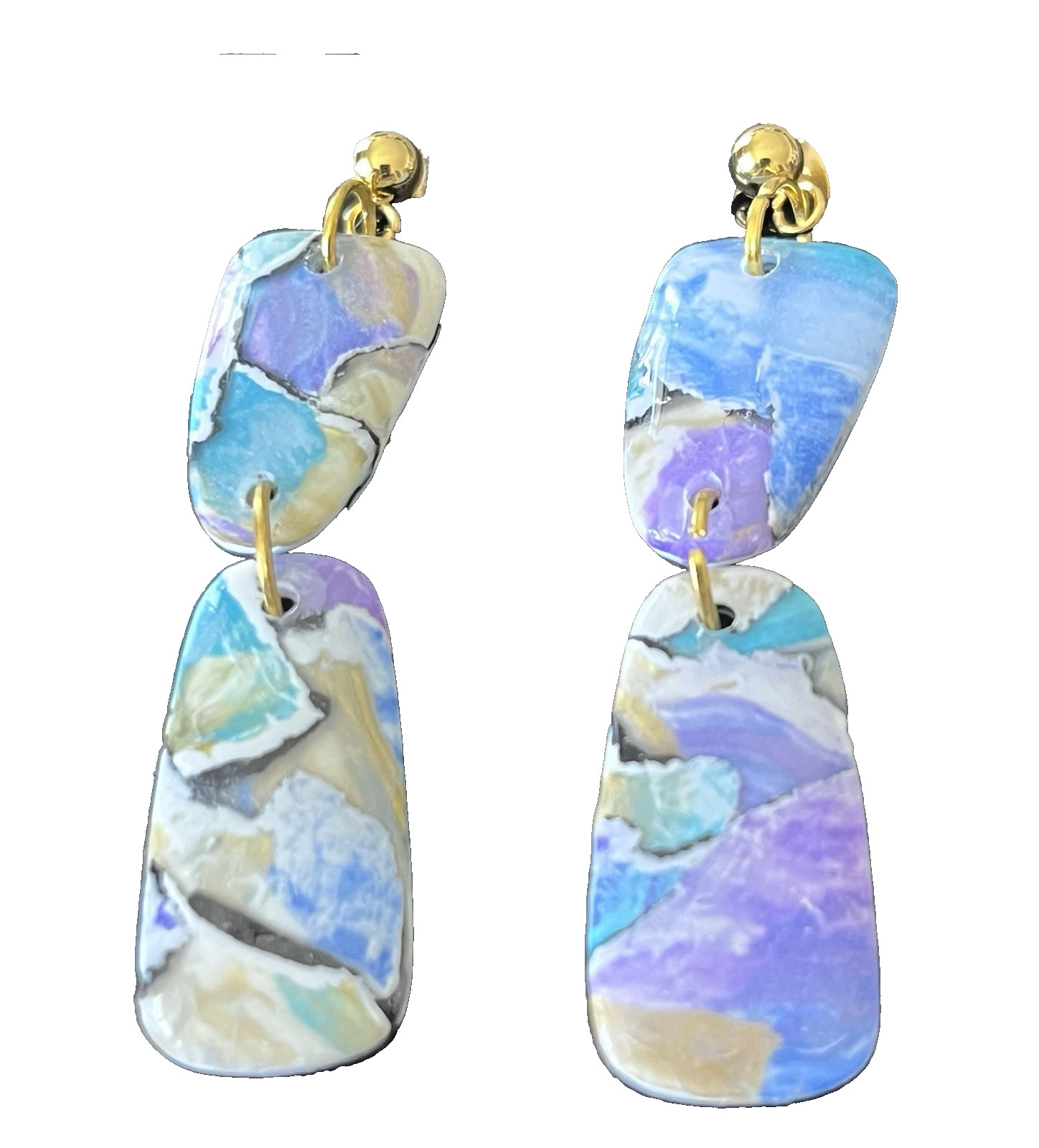Rectangle Dangle Pierced Earrings Blue, Purple, White Swirl Glam MCM Gold Tone