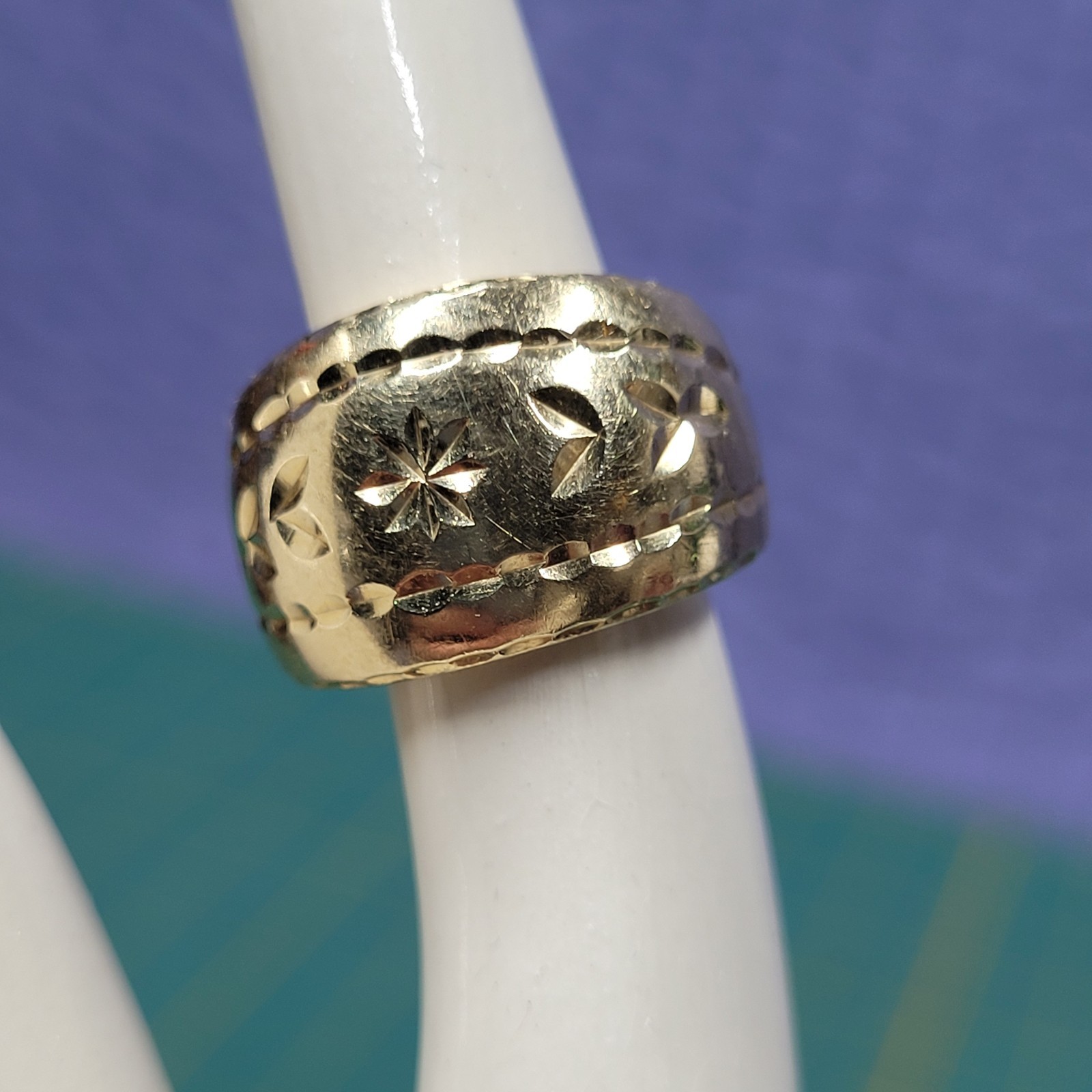 VTG 14k Solid Yellow Gold Star MCM Pattern Cut Wide Band Ring 5.9g Size 5.5