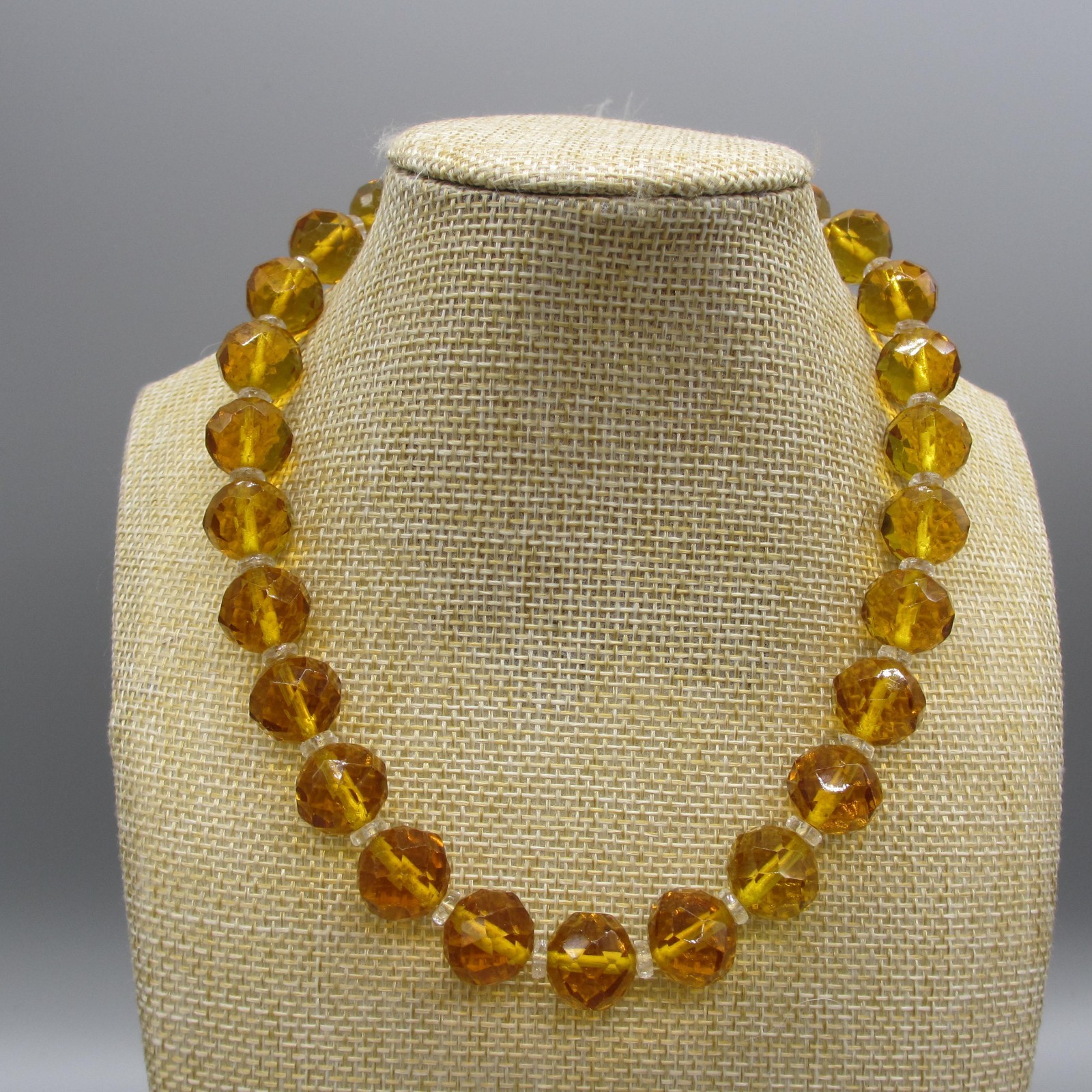 Vintage Glass Necklace Faceted Golden Brown Sterling Clasp Rhinestone Accents 15