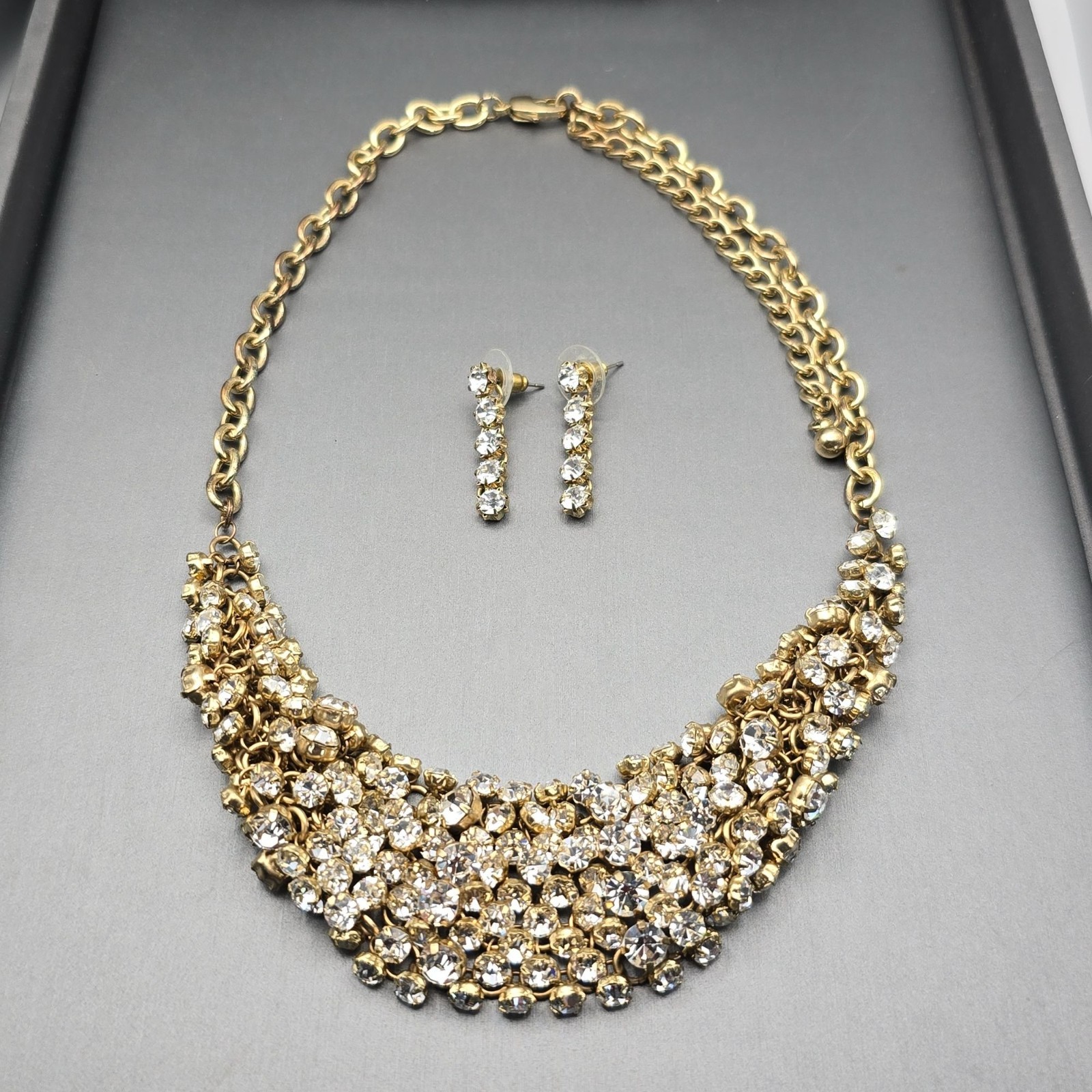 Gold-Tone Statement Necklace & Drop Earrings Set w/ Prong Set Clear Rhinestones