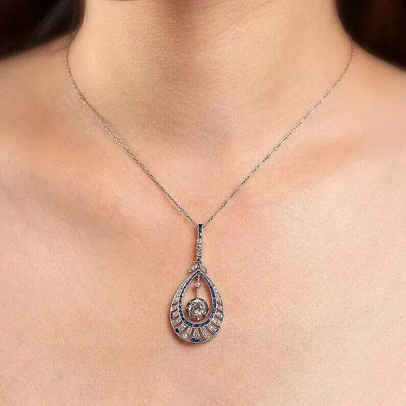 Art Deco Style Lab Created Diamond & Sapphire Wedding 14K White Gold FN Pendant