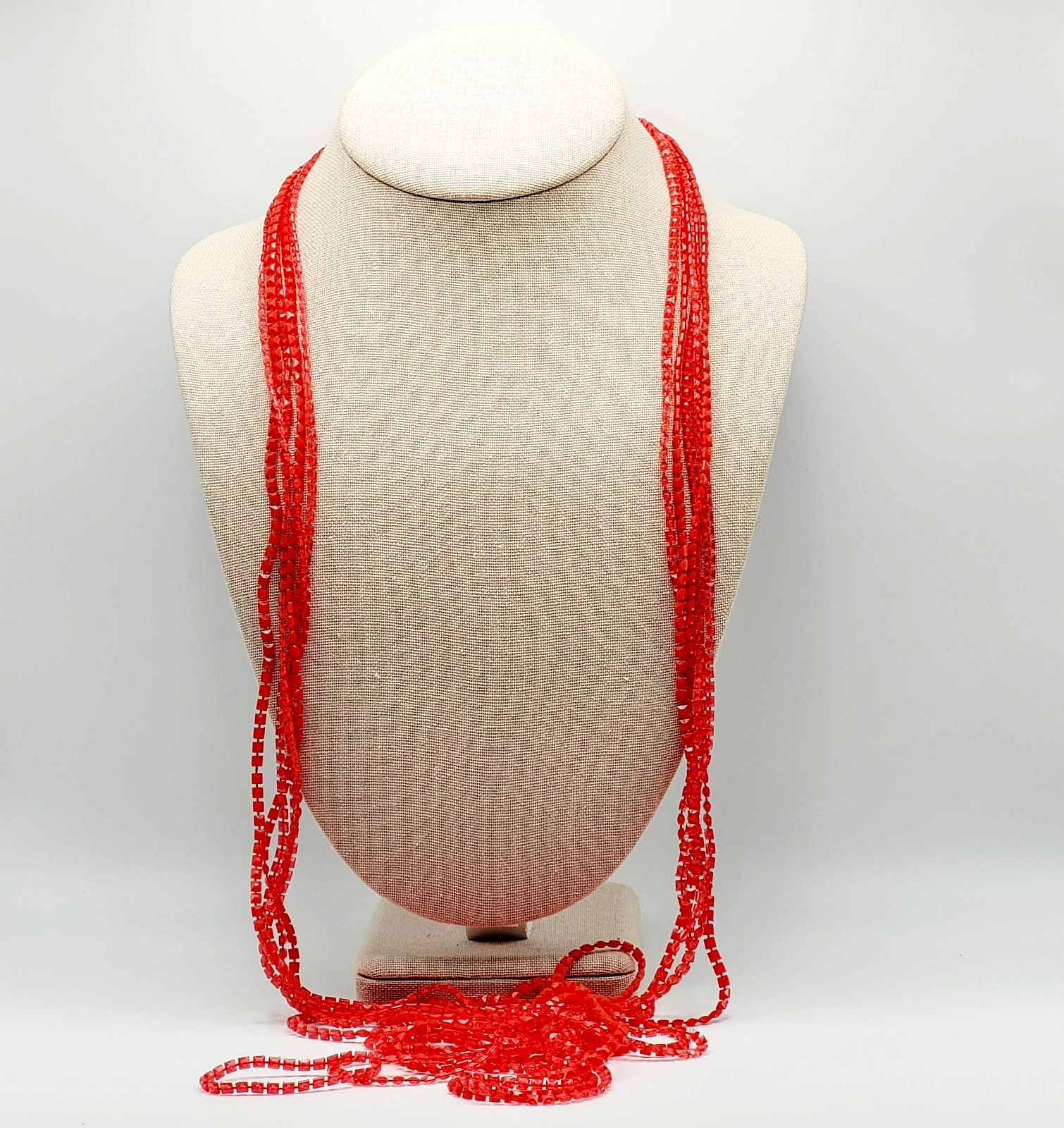 Vintage Red Multi Strand Plastic Square Beaded Solid & Clear Bead Necklace 48 In