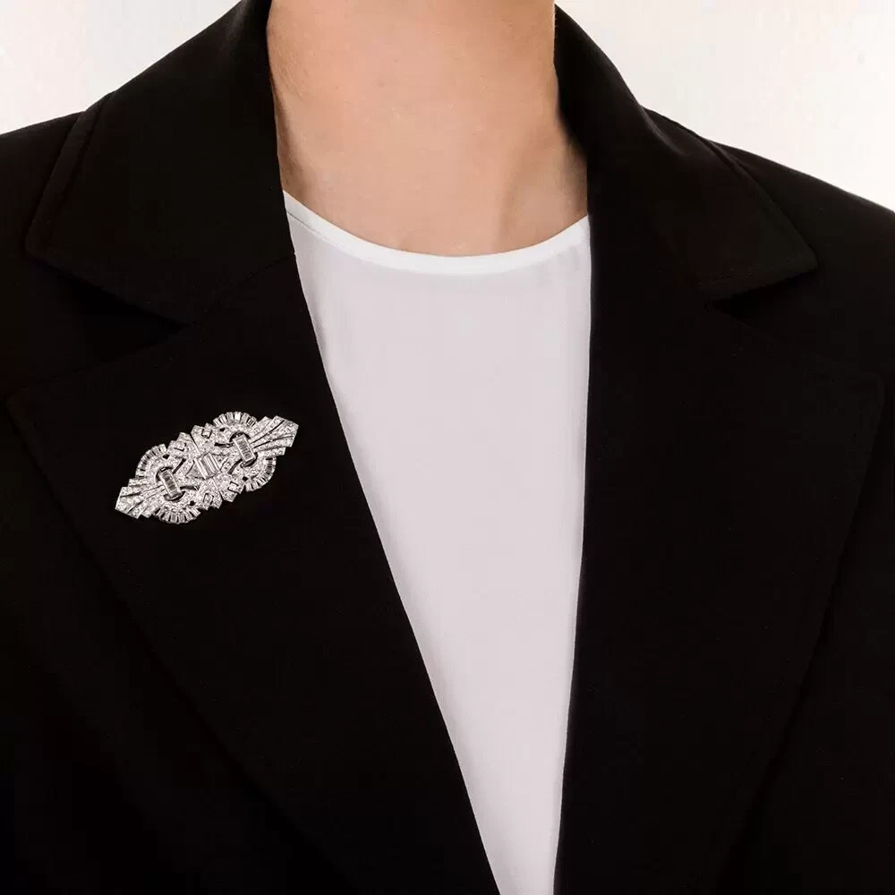 Art deco Geometric design Brilliant cut diamond Brooch pin in 925 Silver