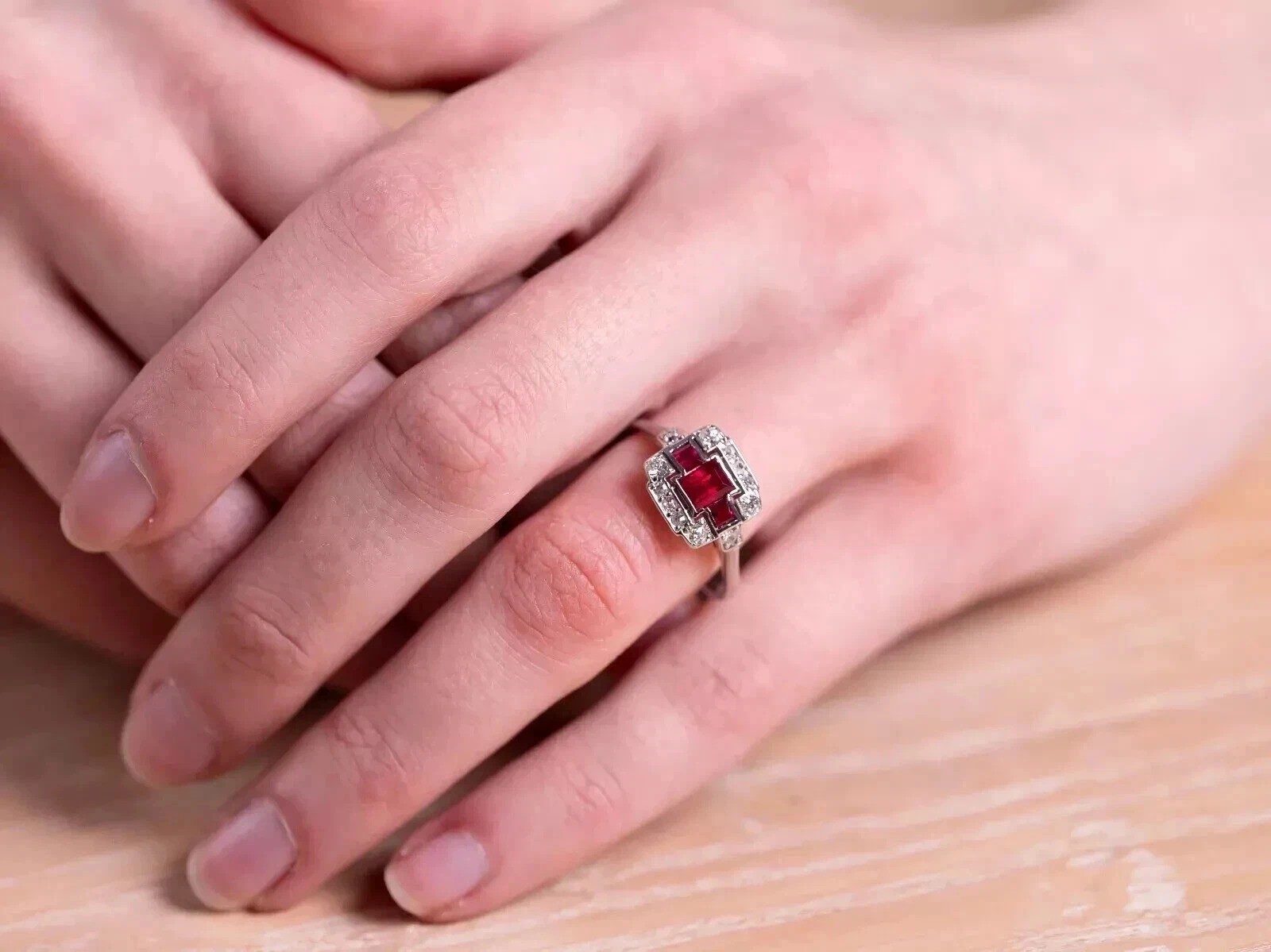 2Ct Art Deco Style Lab Created Ruby & Diamond Wedding 14K White Gold Finish Ring