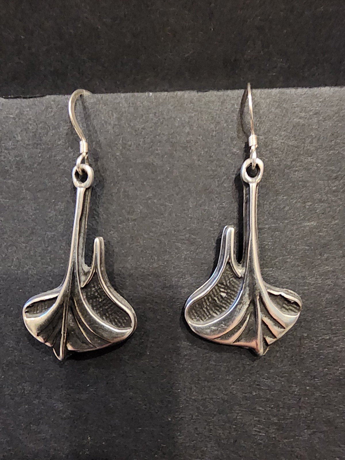 Eivind Hillestad Norway Pewter Ginkgo Leaf Dangle Earrings Signed EH Modernist