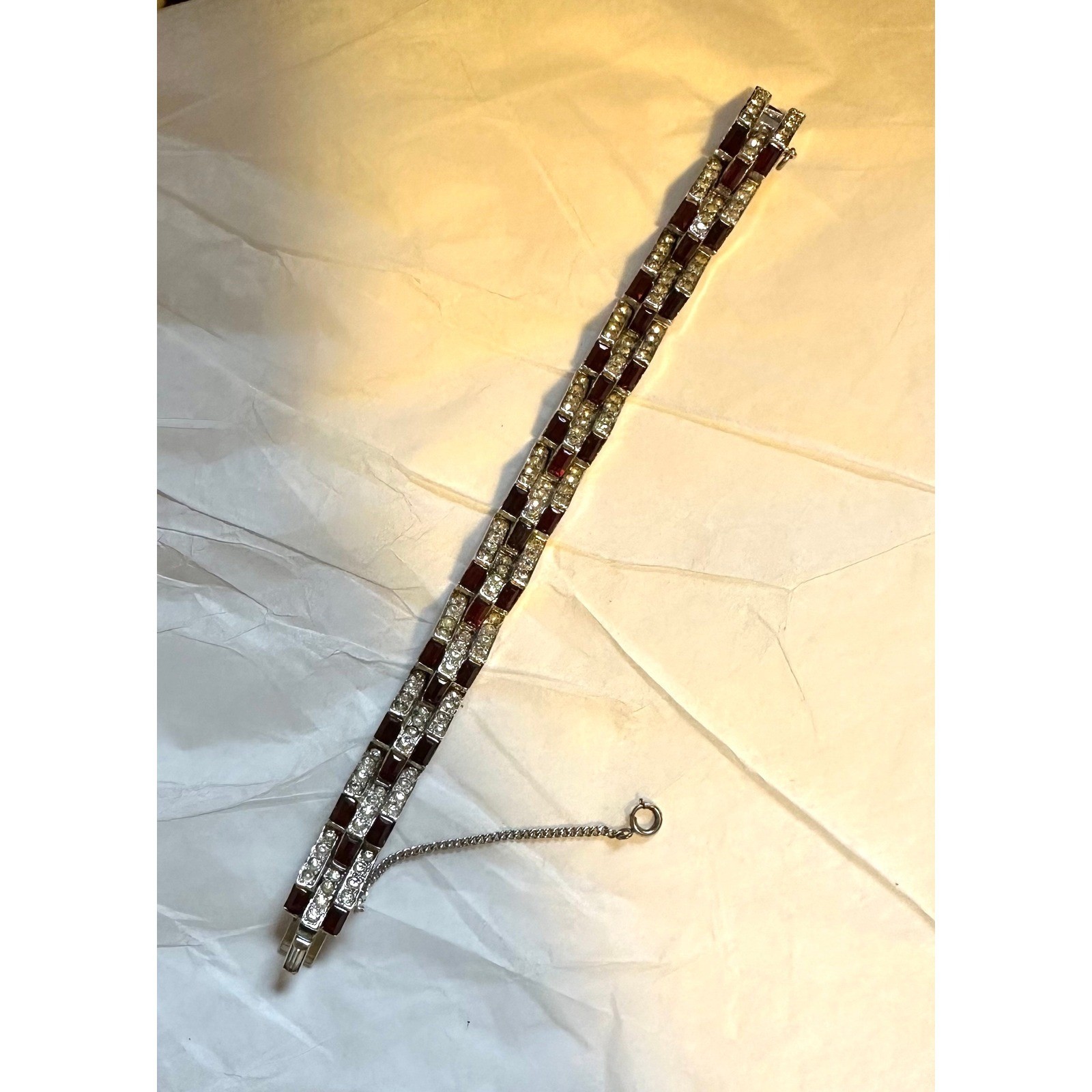 1950’s Mazer Bracelet Silver Tone w/ Red & Clear Rhinestones