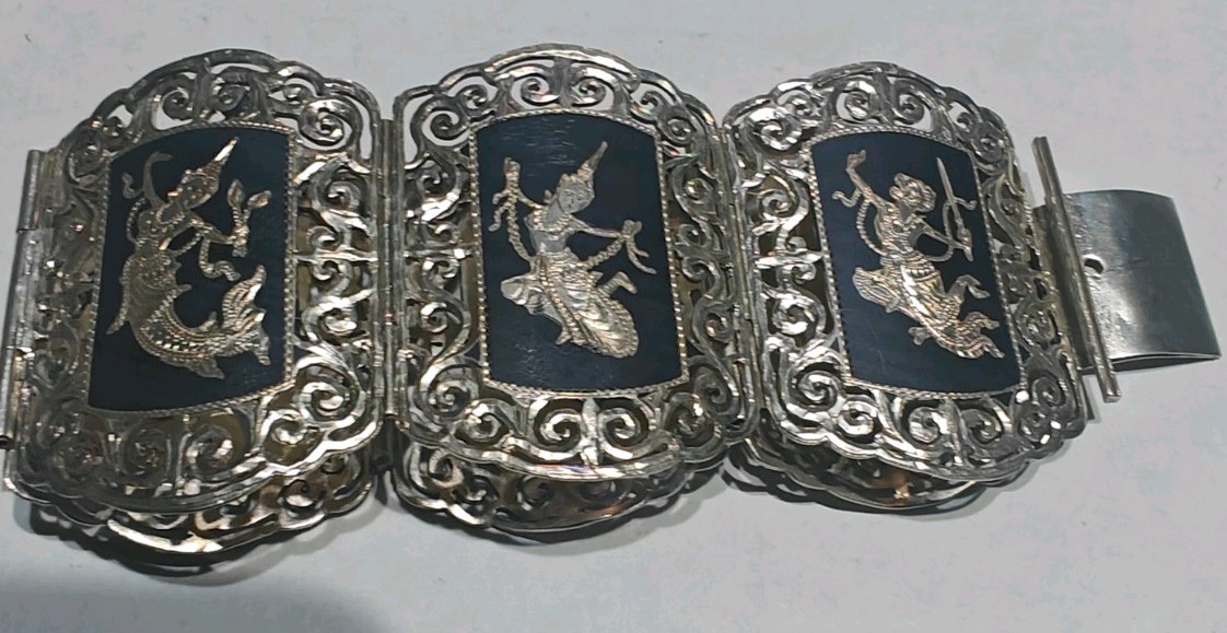 Vintage Sterling Silver Niello Black Enamel Thai Dancer Panel Bracelet lot of 2