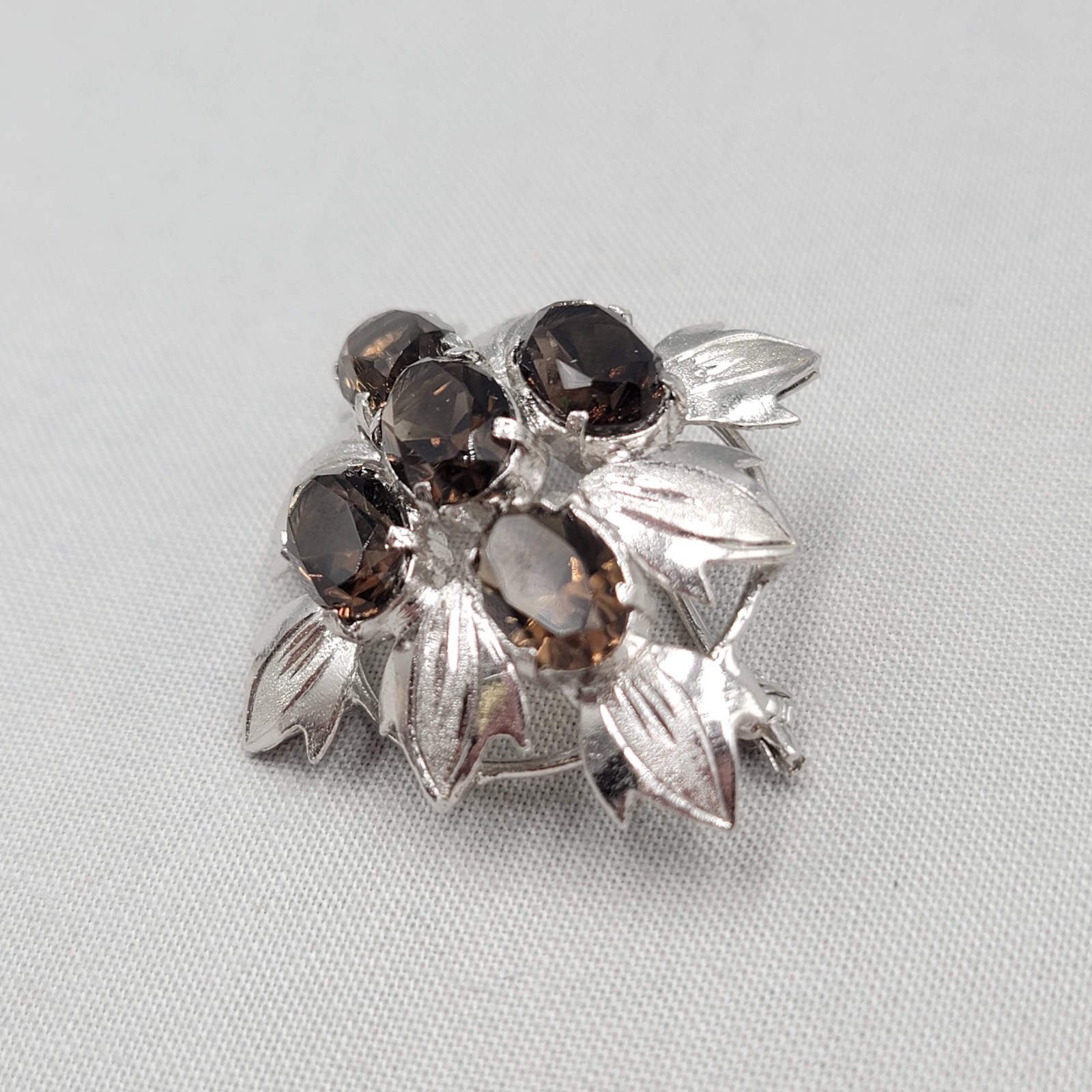 Vintage Brown Topaz Brooch Silver Leaf Pendant 1.75″