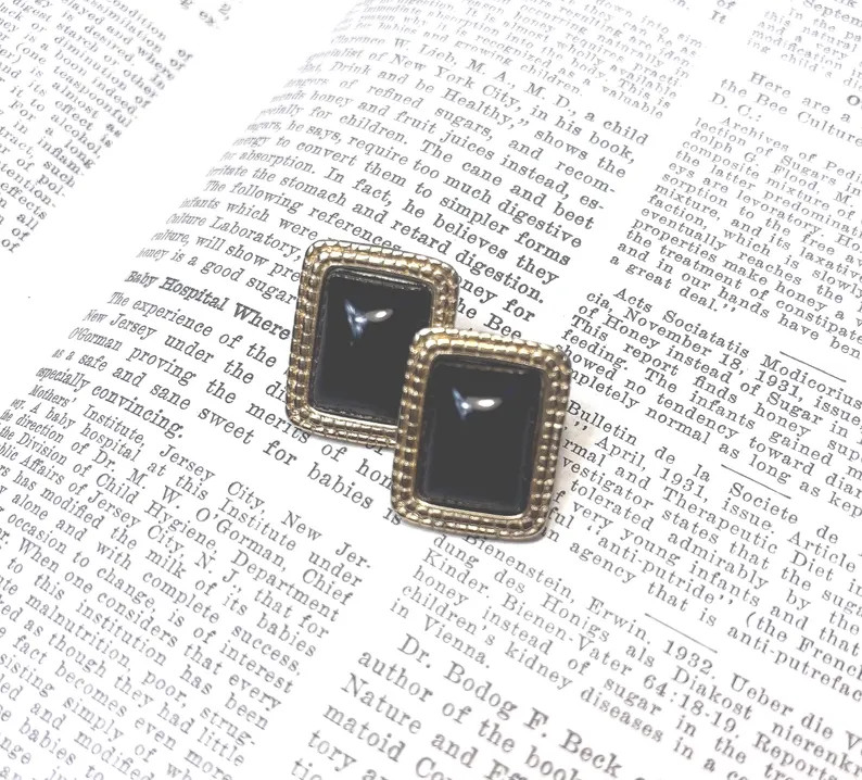 Vintage signed Trifari Black and Gold Earrings, Art Deco Style Geometric Rectang