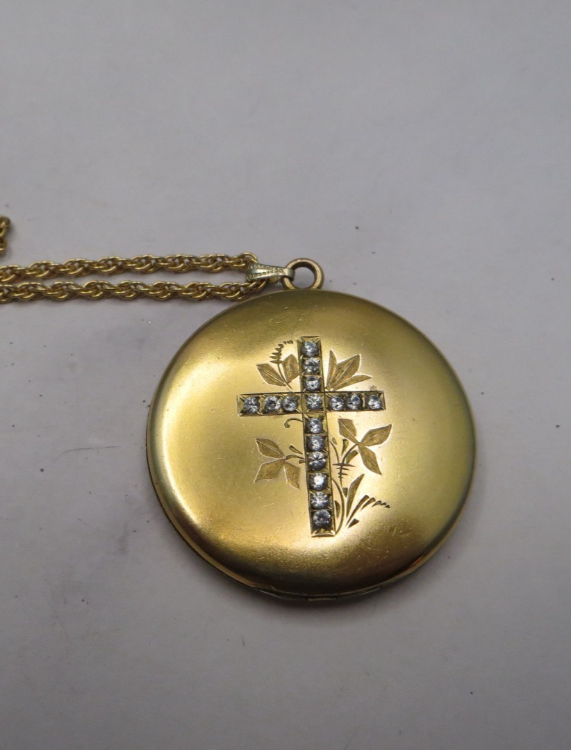 Vintage B&B 14k GF Yellow Gold Filled Chain Necklace Large CZ Cross Locket #408