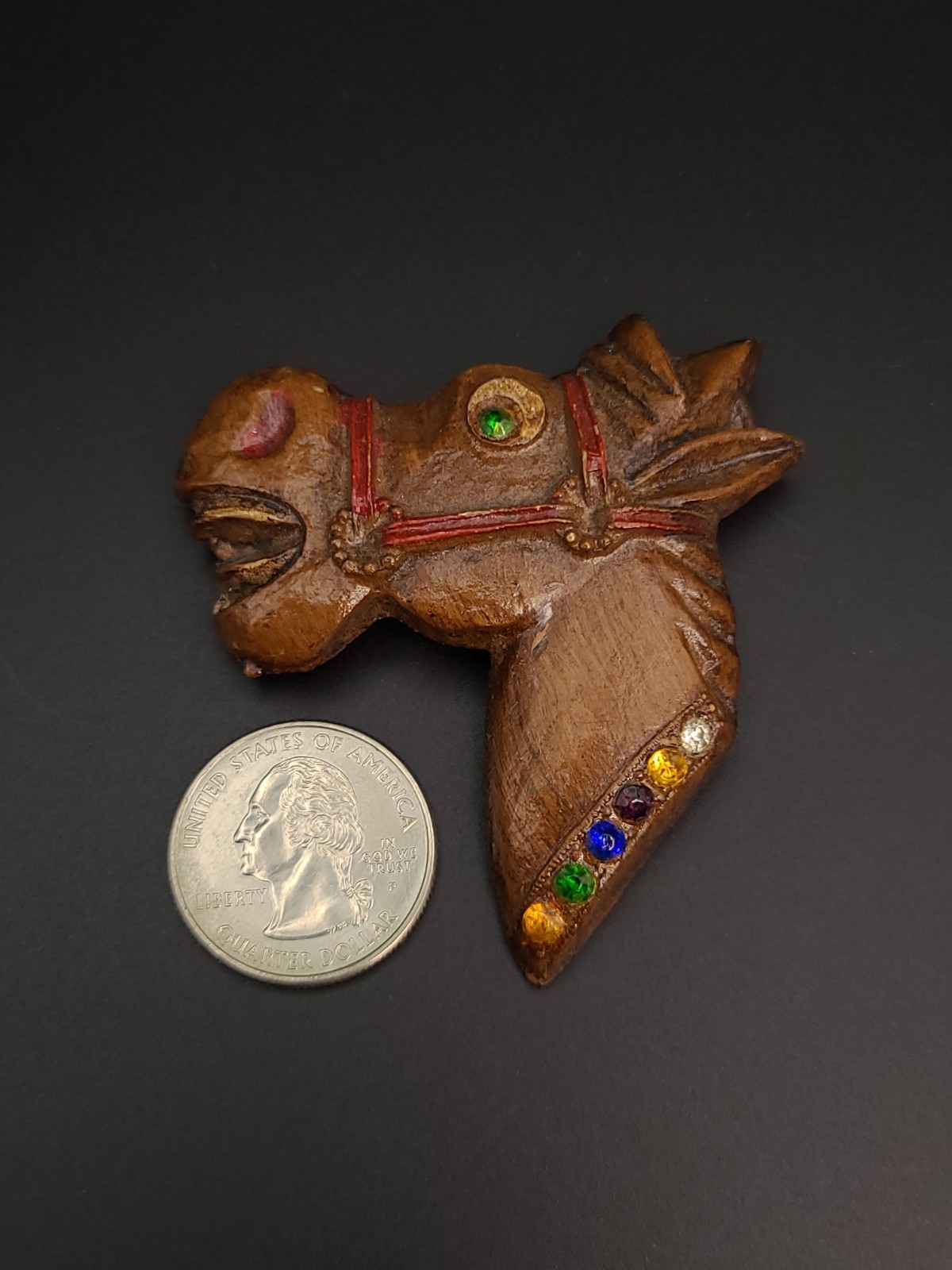 Vintage Handcrafted Wood Horse Head Brooch Rhinestone Pin