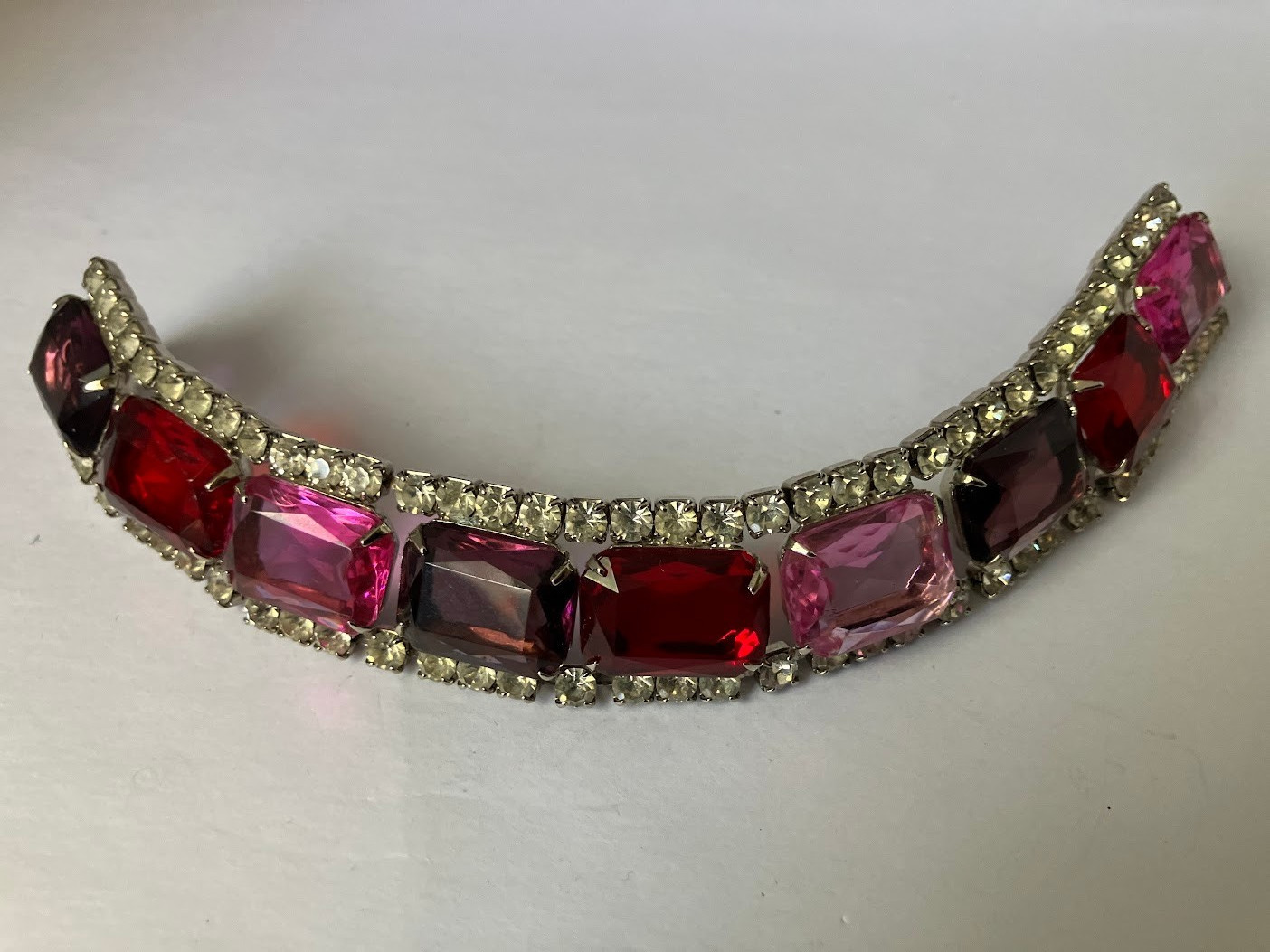 Vintage Rhinestone Panel Bracelet Square Cut Chunky Bling Purple Pink Red Clear
