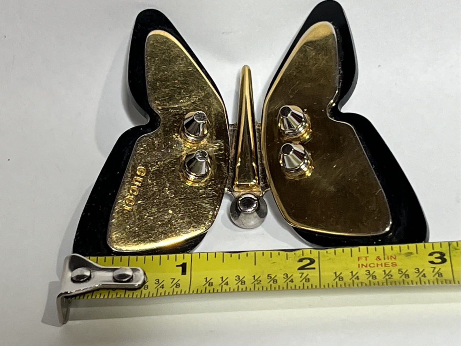 BUTTERFLY BROOCH PIN Layered Gold-Tone Metal & Black Acetate Resin 2.75″ READ
