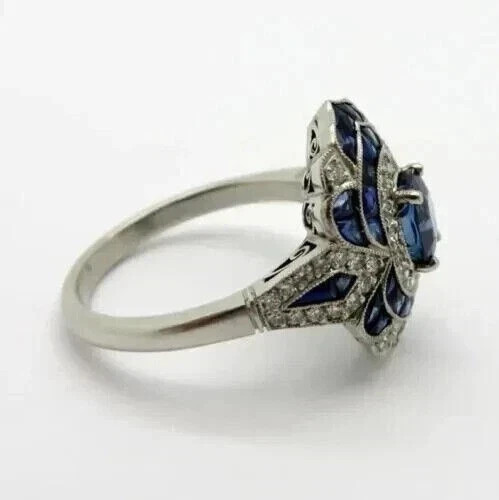 Art Deco Style Oval Cut Sapphire Lab Created Diamond Engagement 925 Silver Ring