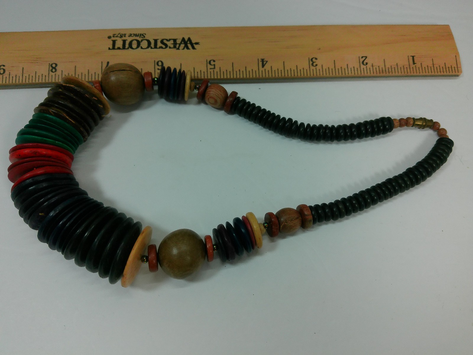 Vtg Chunky African Nut Wood Seed Disk Colorful Beaded Ethnic Choker 17″ Necklace