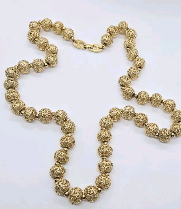 Vintage MONET Necklace Gold Tone Filigree Ball Art Deco Long 25 in
