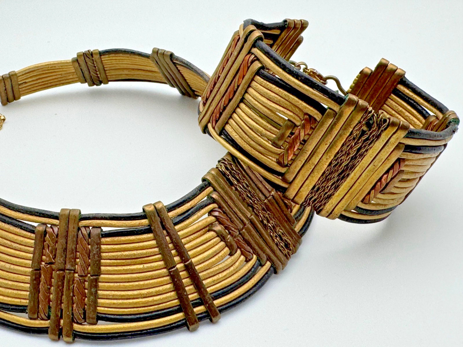 Vintage African Necklace and Bracelet Set – Gold and Black Leather/Brass 1970’s