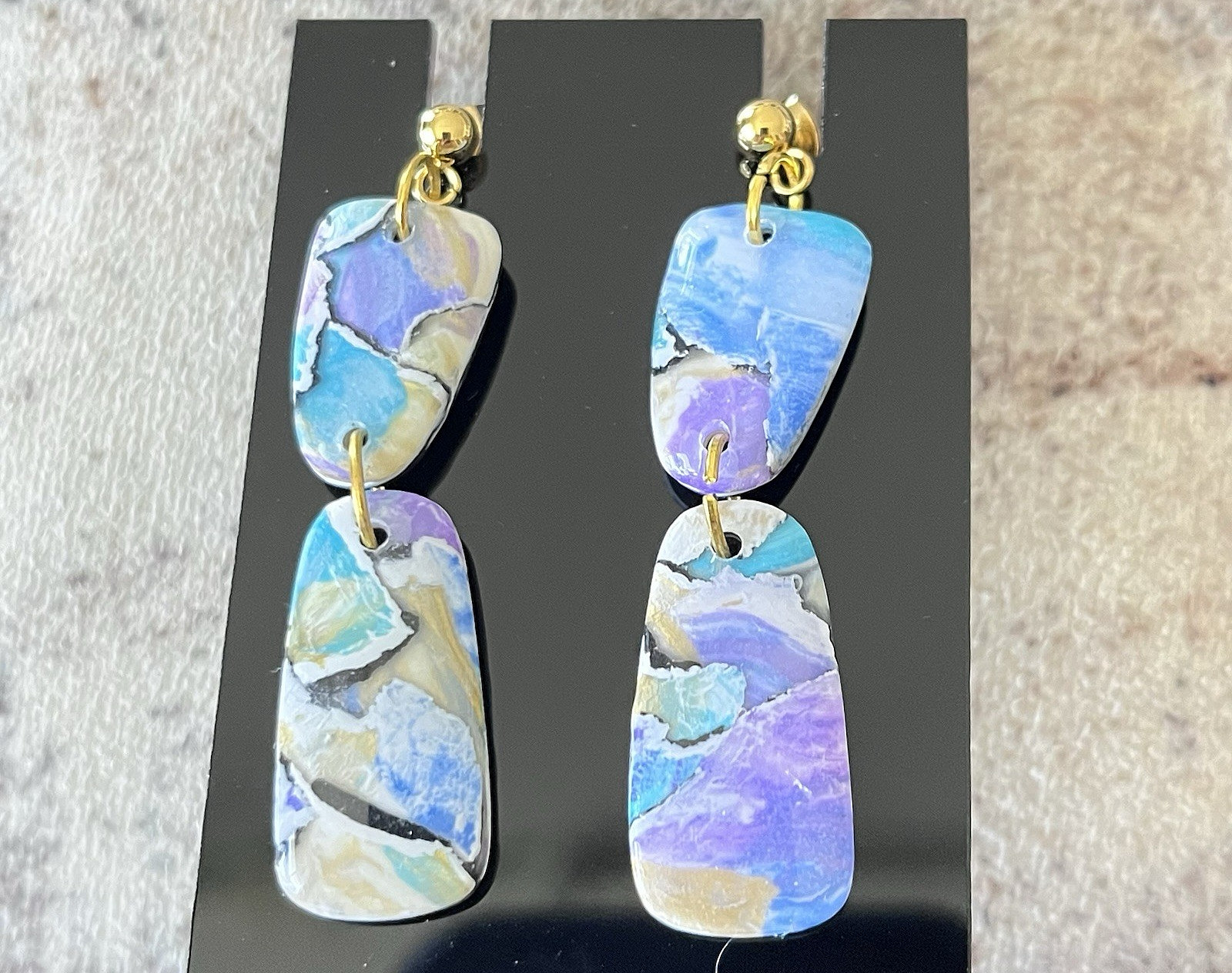 Rectangle Dangle Pierced Earrings Blue, Purple, White Swirl Glam MCM Gold Tone