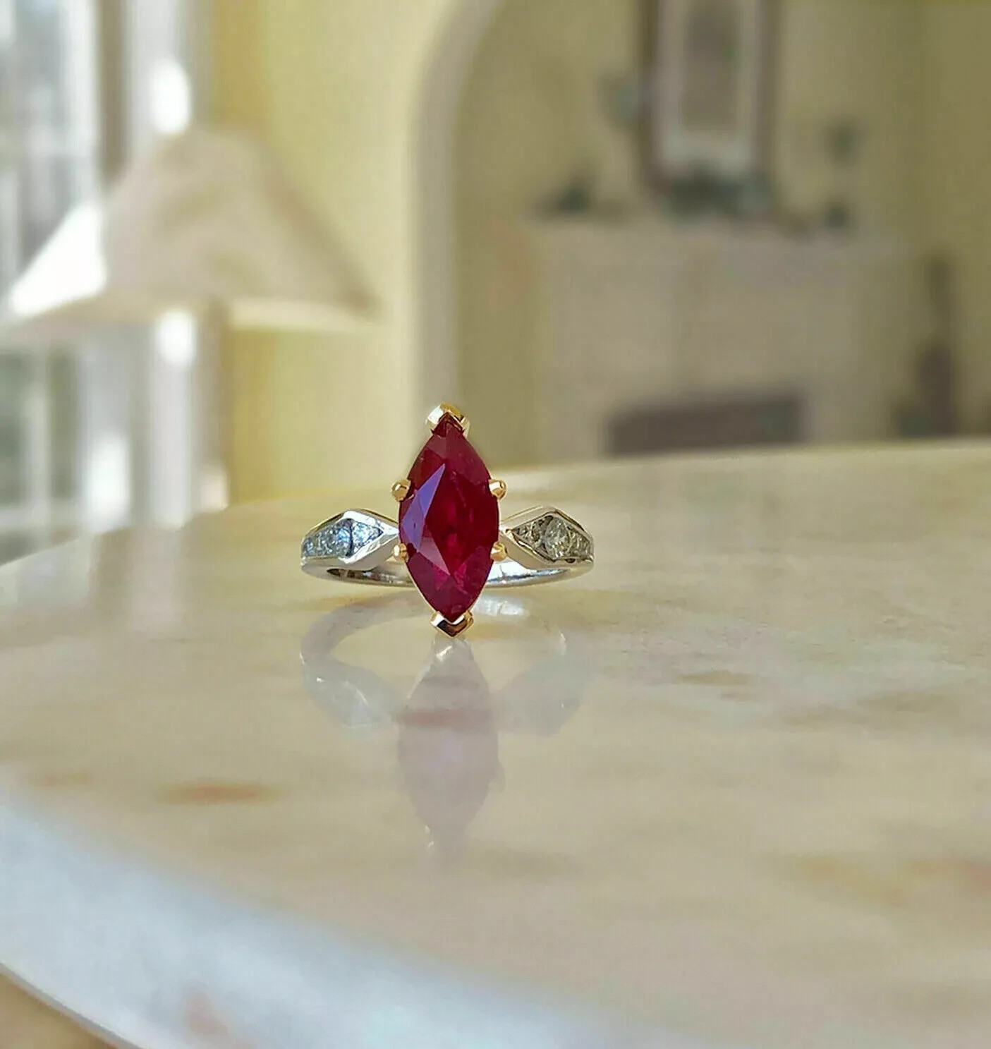 Art Deco Marquise Cut Ruby Lab Created Diamond 14K White Gold FN Engagement Ring
