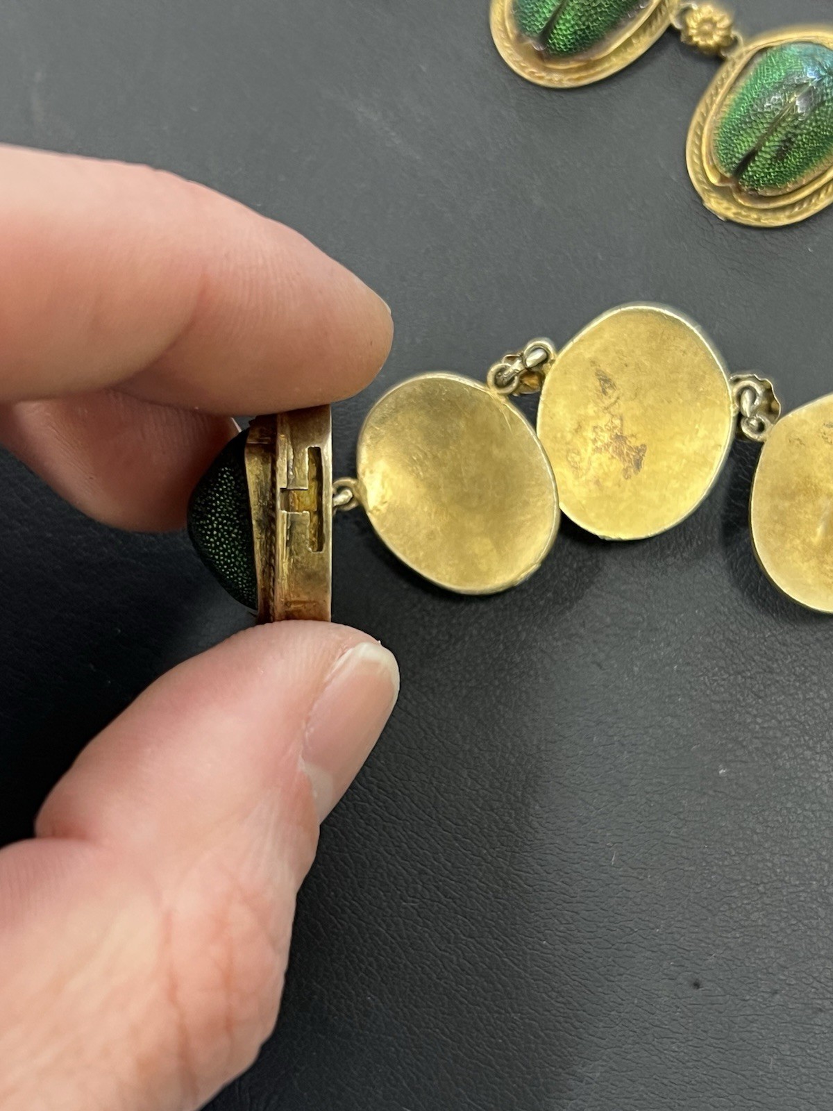 VICTORIAN EGYPTIAN REVIVAL SCARAB BEETLE NECKLACE – GILDED SILVER – 22″ L