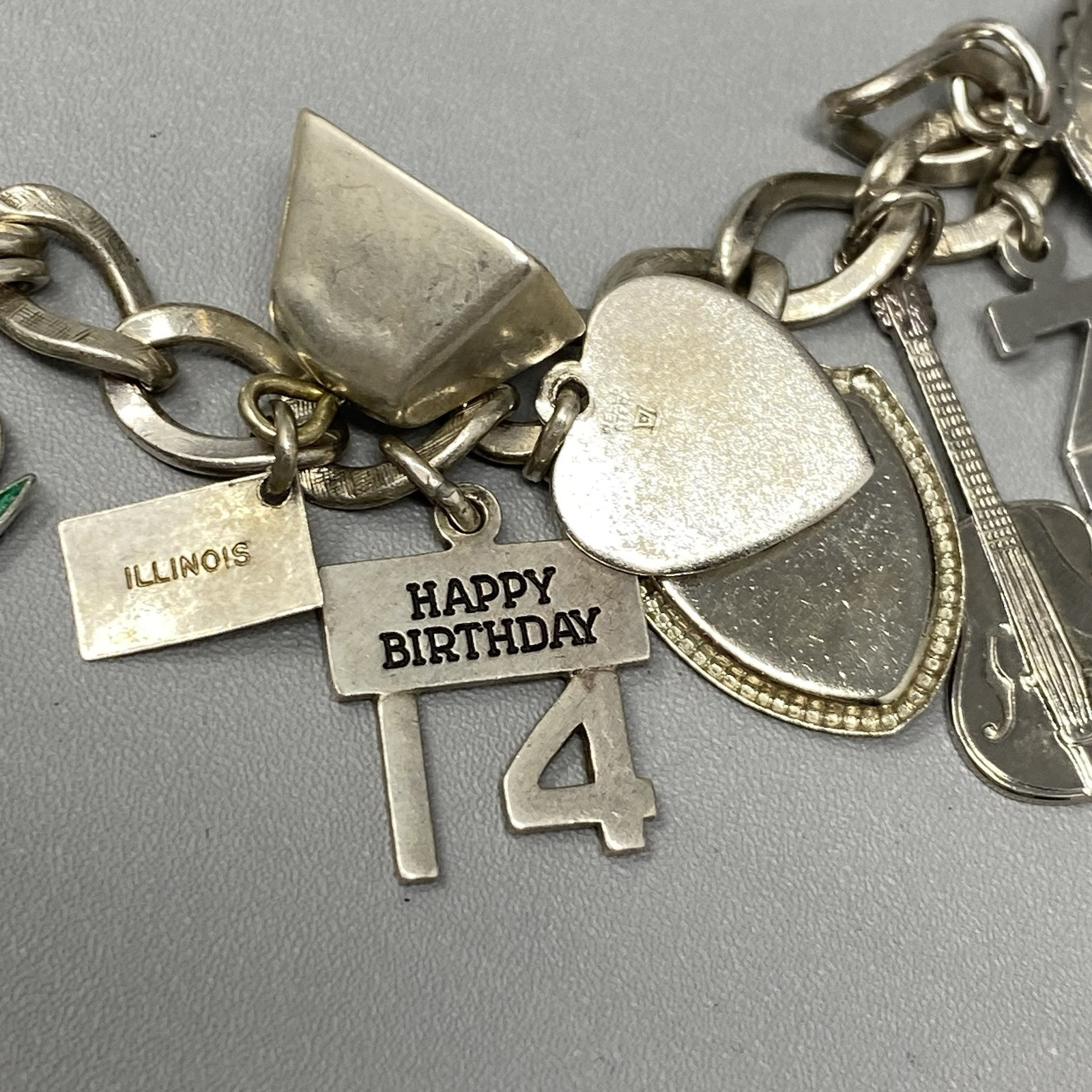 VTG 20 Charm Bracelet Sterling Silver Birthday Natie Cowbell School Hearts 6.5″