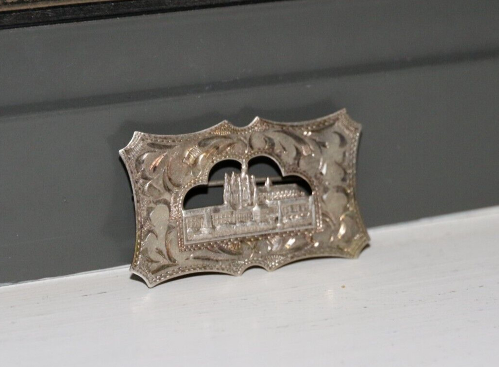 Art Deco SILVER ENGRAVED Rectangle BROOCH – PRAGUE CASTLE