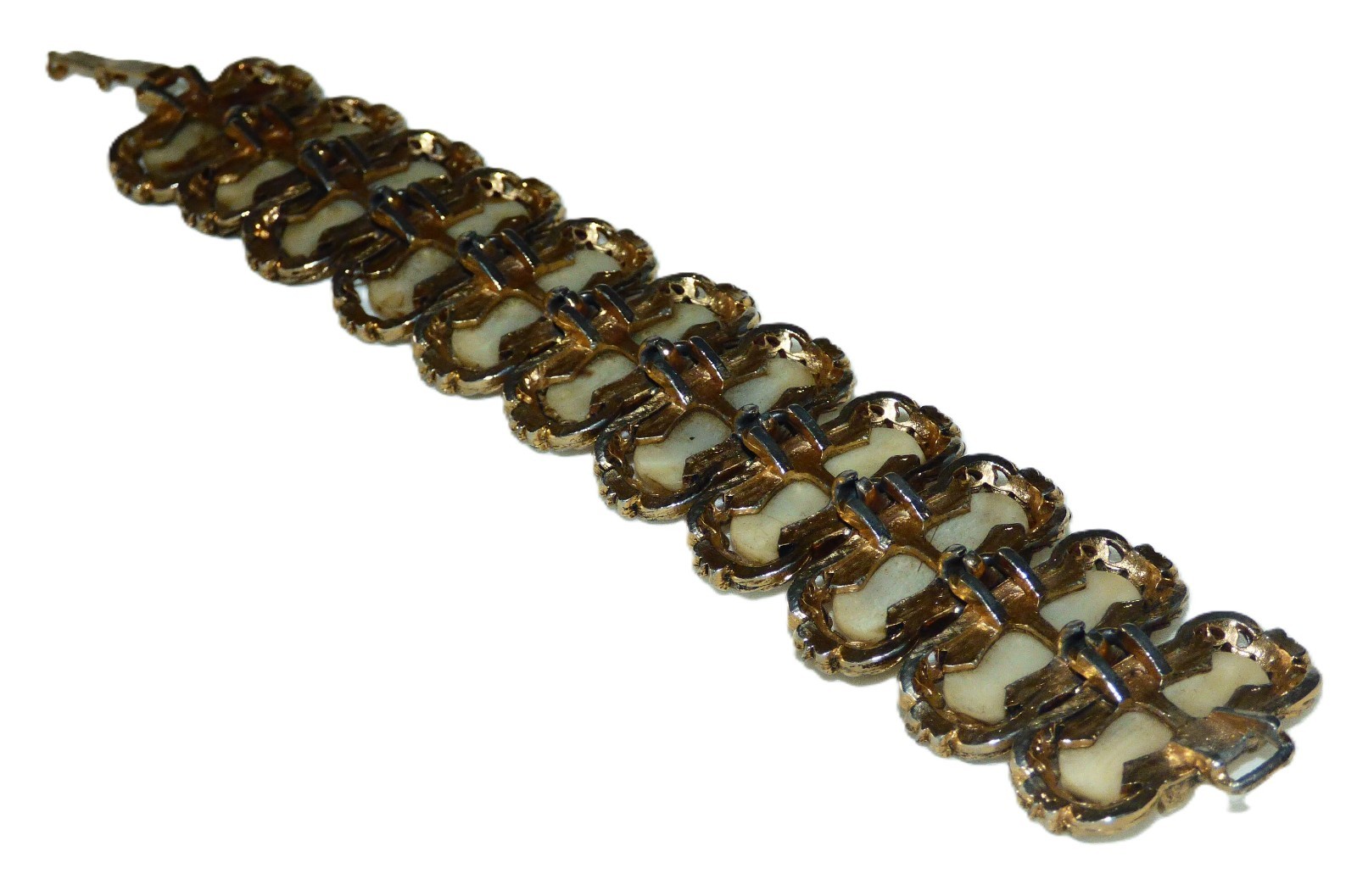 Polished Oval Cut Dome Shape Scottish Mottled Brown Agate Gem Gold Tone Bracelet