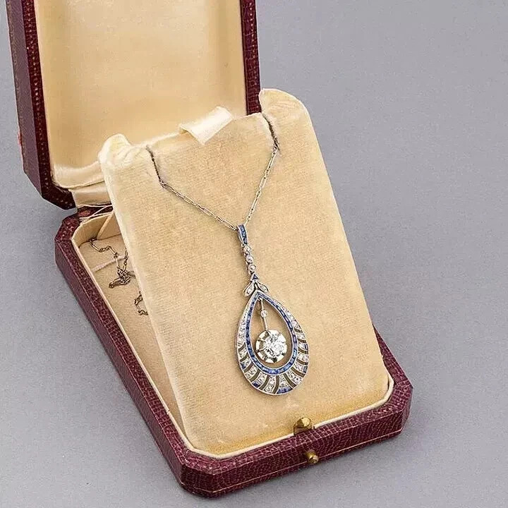 Art Deco Style Lab Created Diamond & Sapphire Wedding 14K White Gold FN Pendant