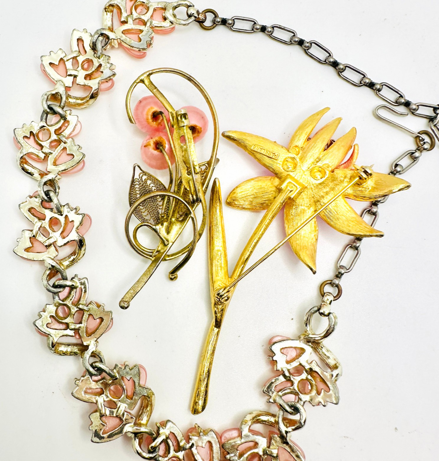 Lot Lisner PINK Moonglow Lucite Necklace, Park Lane & Other Rhinestone Brooches