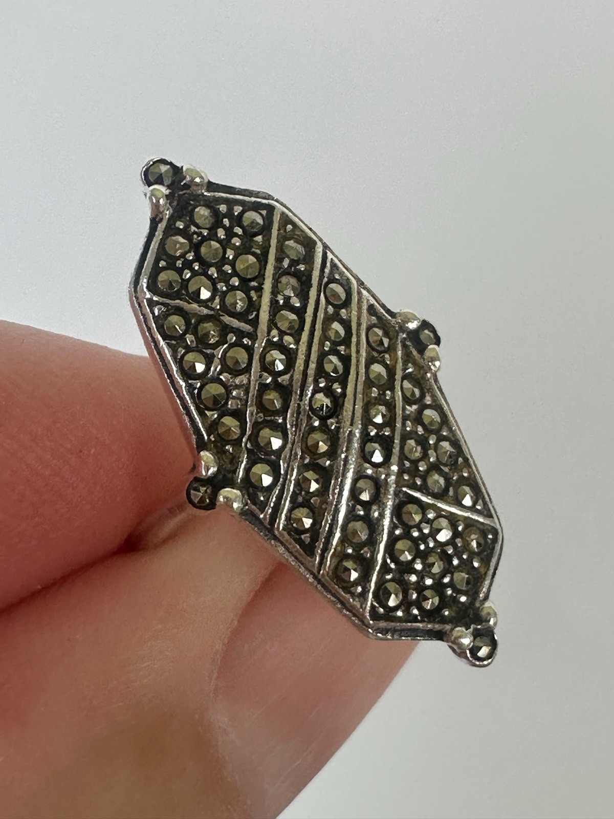 Vintage 925 Silver Art Deco Pavé Marcasite Navette Cocktail Ring Size 5.5