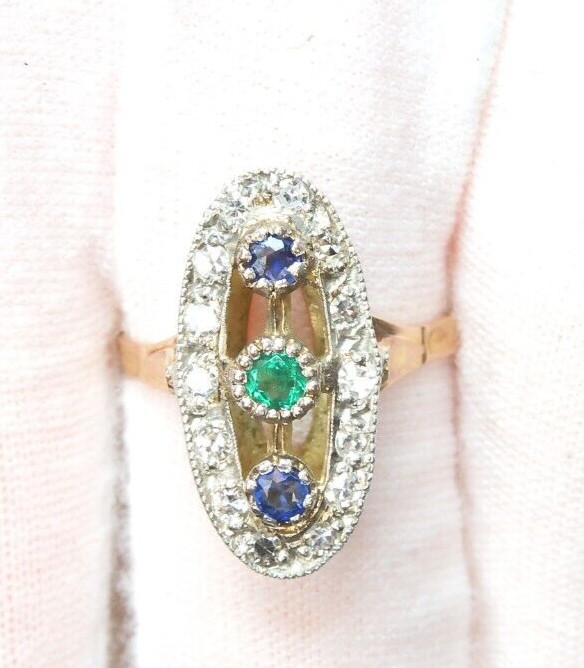 Victorian Emerald Sapphire Diamond Engagement Ring Size 6.75 UK-N 18KY EGL USA