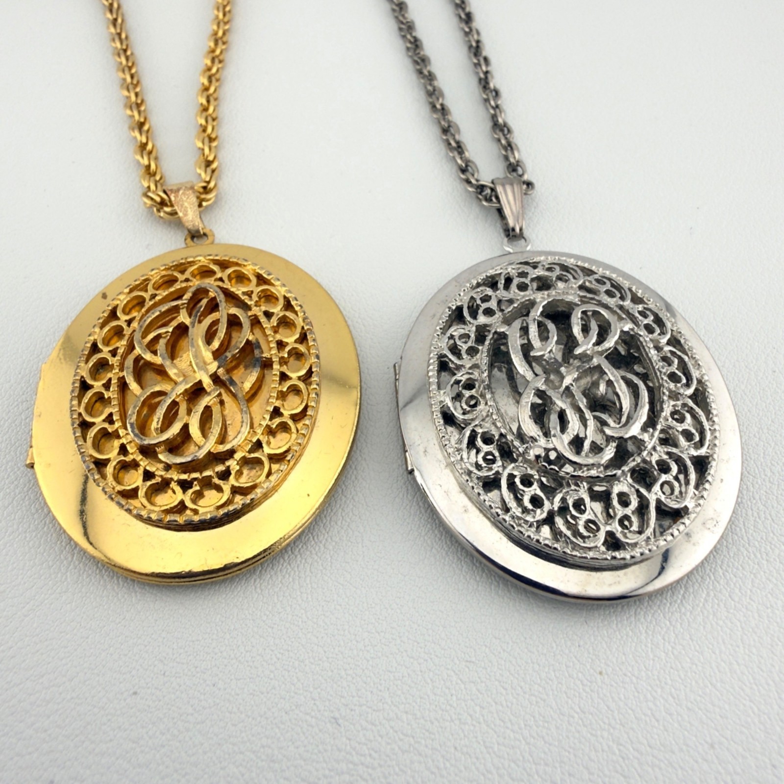 Vintage Large Oval Locket Necklace Set of 2 Gold Tone Silver Tone
