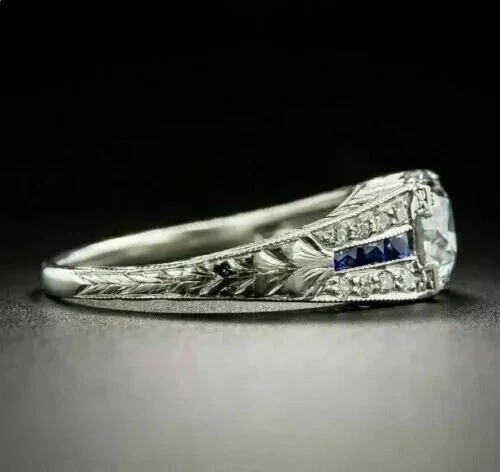 Art Deco Style Milgrain Lab Created Diamond Engagement 14K White Gold FN Ring