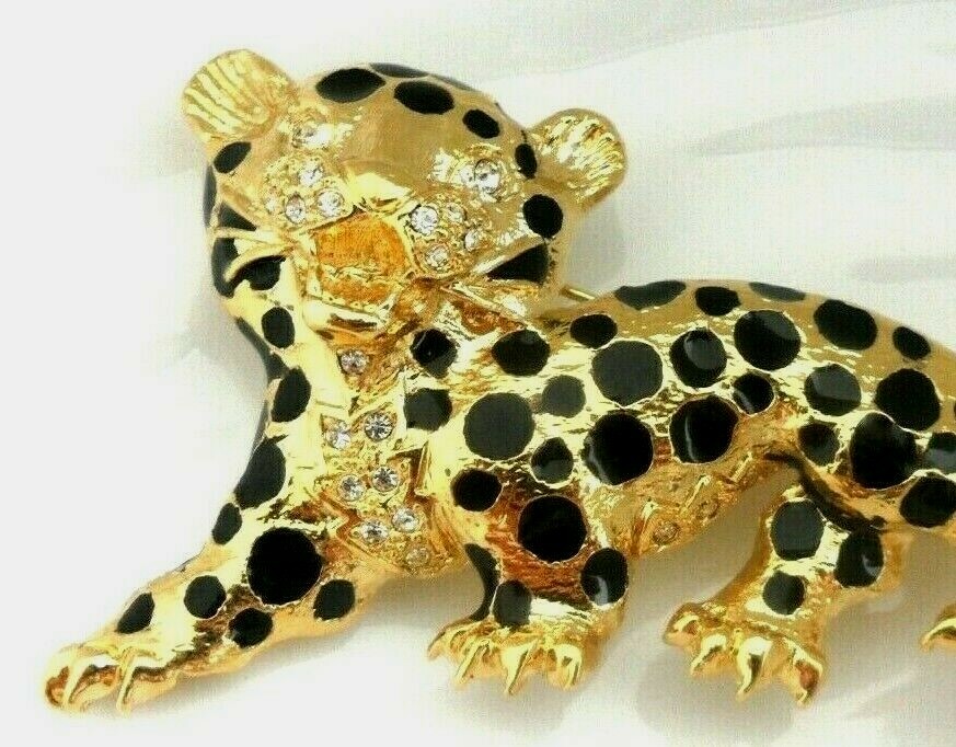 Animal Cub Brooch Cheetah Jaguar Leopard Black Enamel Rhinestone Figural Pin