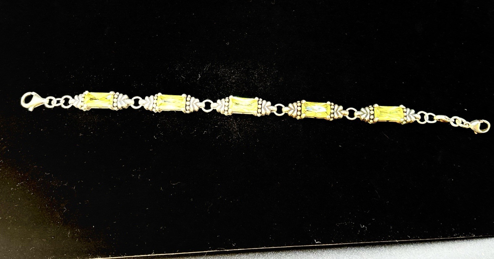 Vintage Sterling Silver 925 Lemon Lime Quartz Crystal Artisan Link Bracelet 6.5″