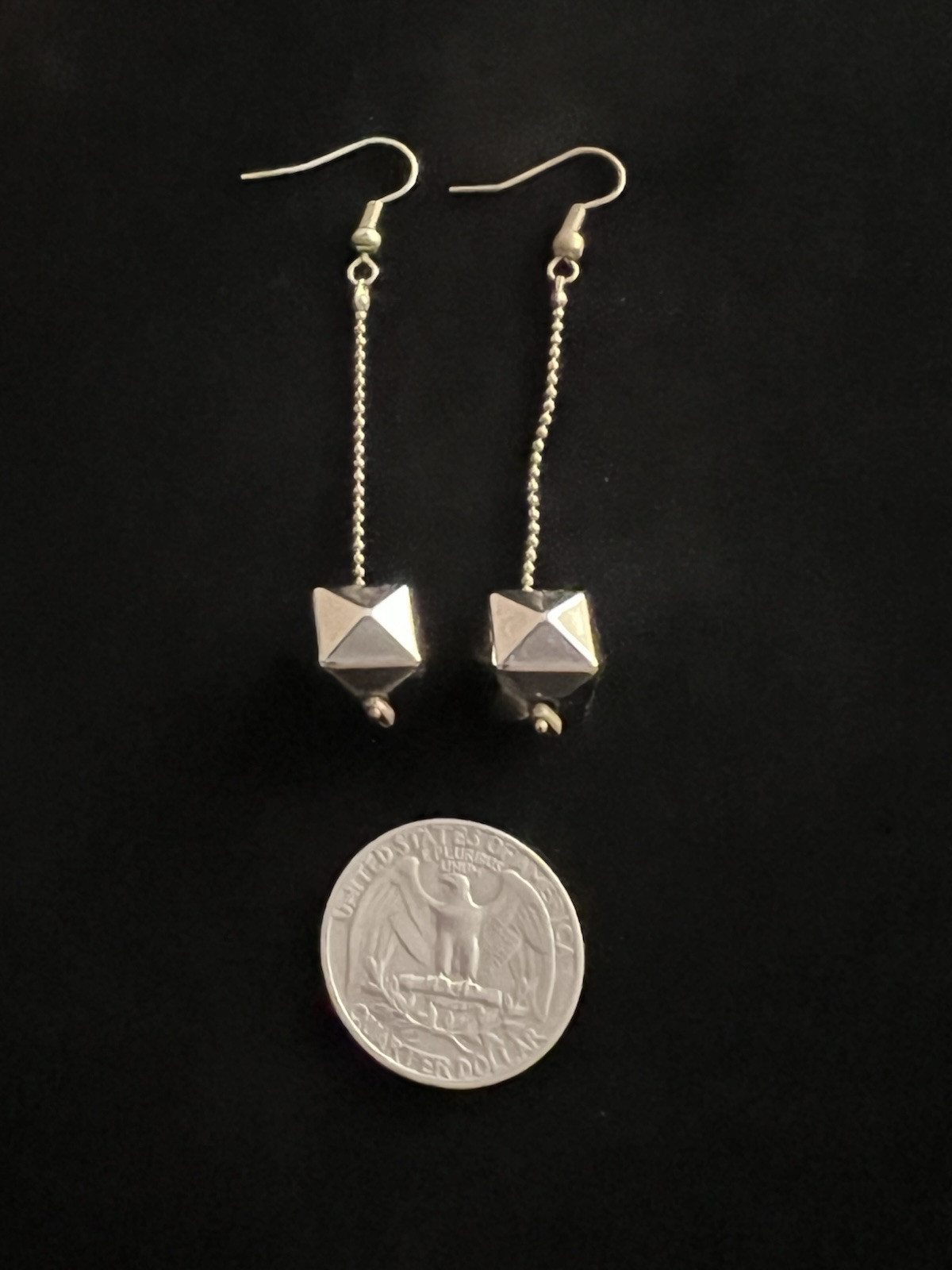 Vintage Dark Grey Faceted Cube Silver Chain Long Dangle Drop French Wire Earring
