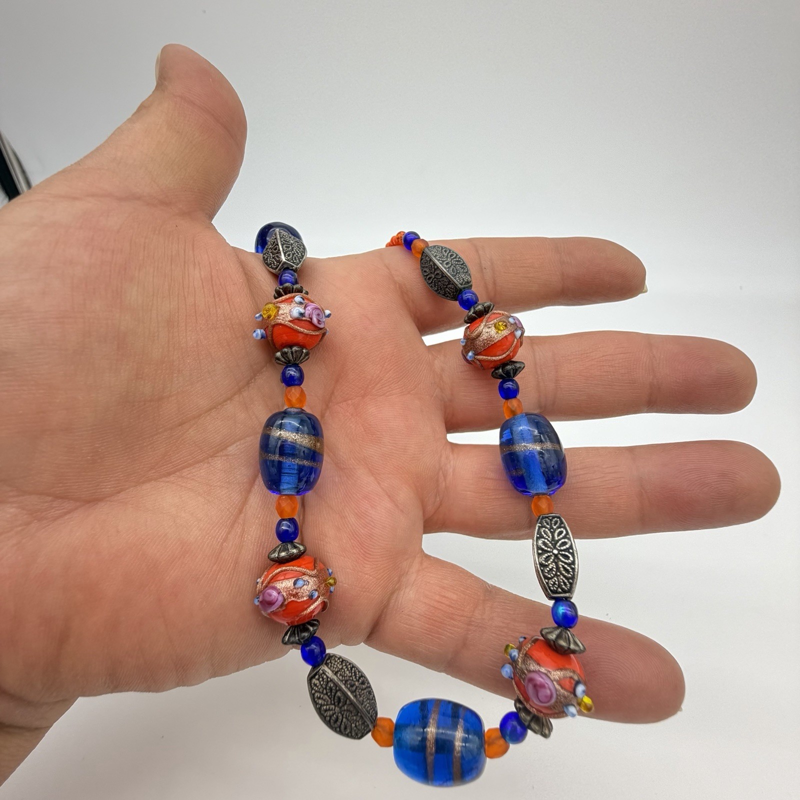 Vintage Wedding Cake Bead Necklace Lamp work Red Orange Cobalt Blue Glass