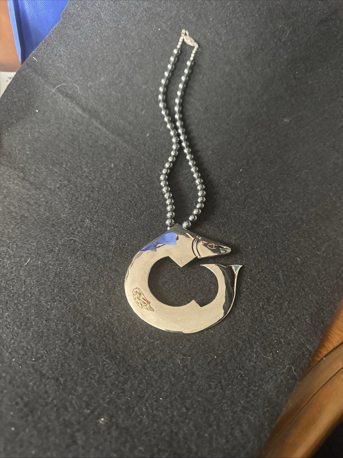 Vintage Fish Pendant Necklace Silver Tone Abstract Jewelry Hematite Modernist