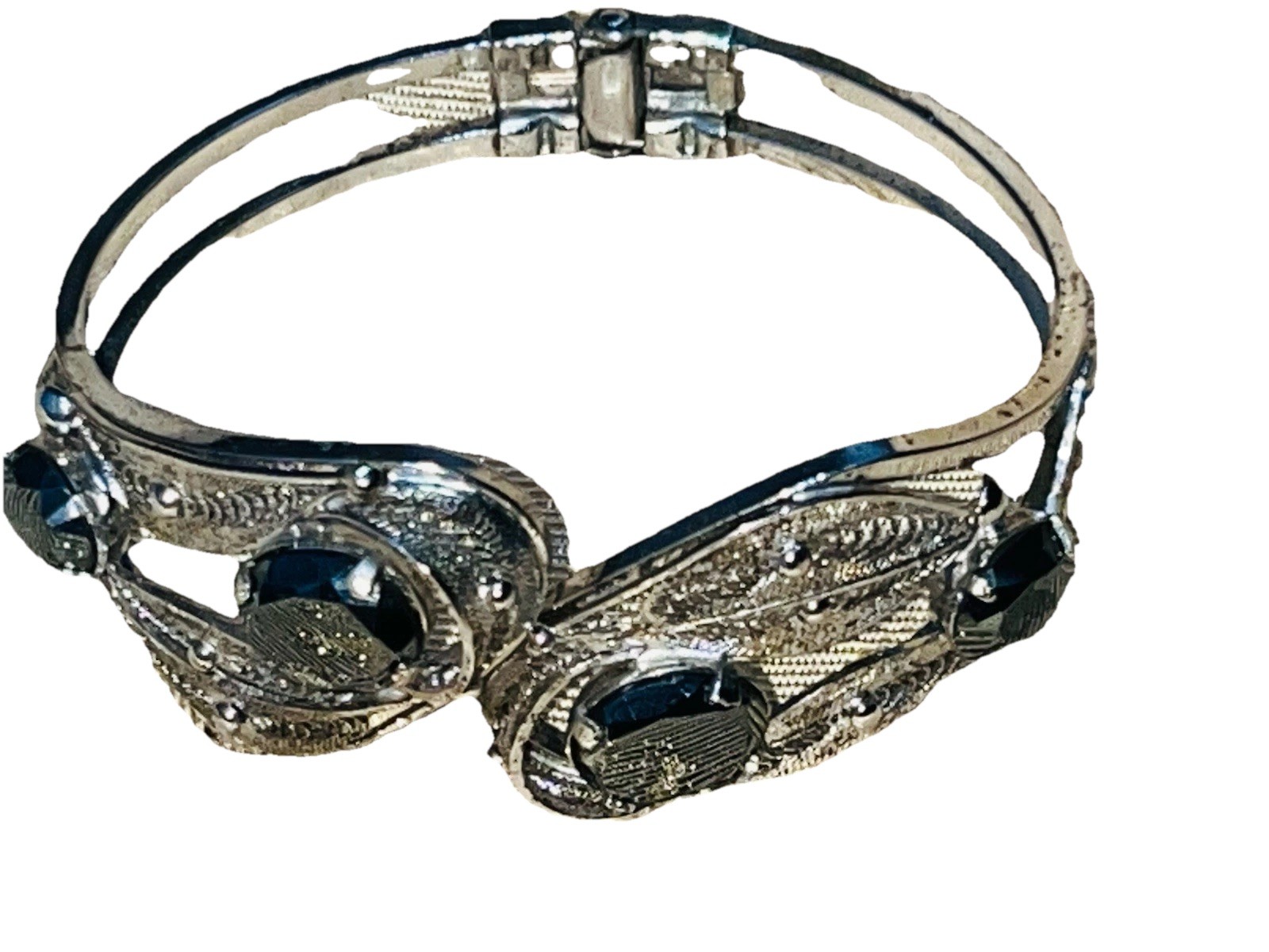 Sorrento Sterling Silver Hematite Filigree Hinged Bangle Bracelet VTG Fairy Core