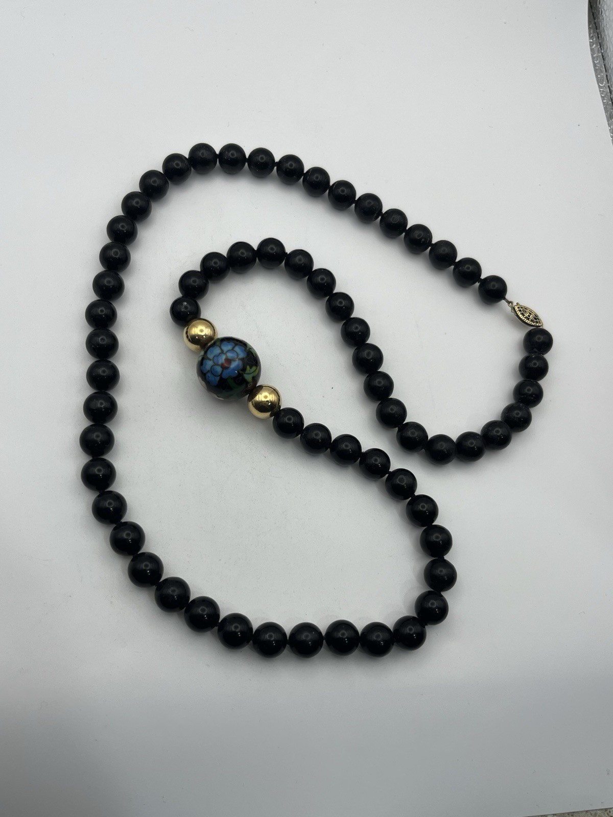 Gold filled Chinese cloisonné flower beaded black vintage necklace