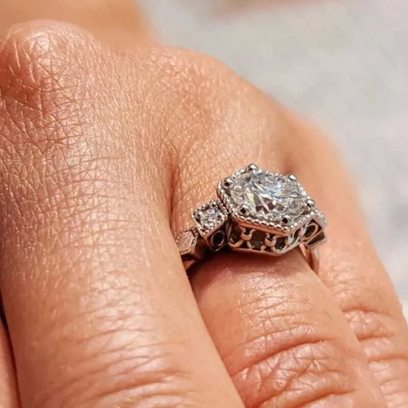 Art Deco Vintage VVS1 Lab Created Diamond 14K White Gold Finish Engagement Ring
