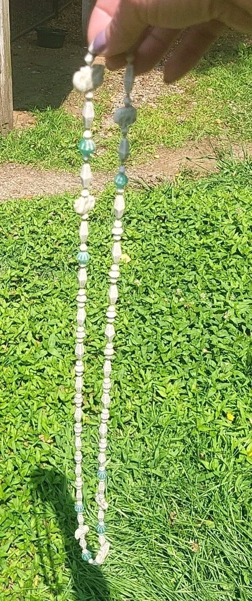 ANTIQUE NEIGER EGYPTIAN ELEPHANT URANIUM GLASS KNOTTED FLAPPER NECKLACE 42″ GLO!