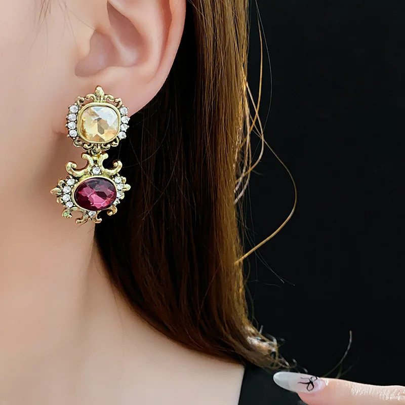 Vintage Purple Rhinestone Necklace Drop Earrings for Women Palace Style
