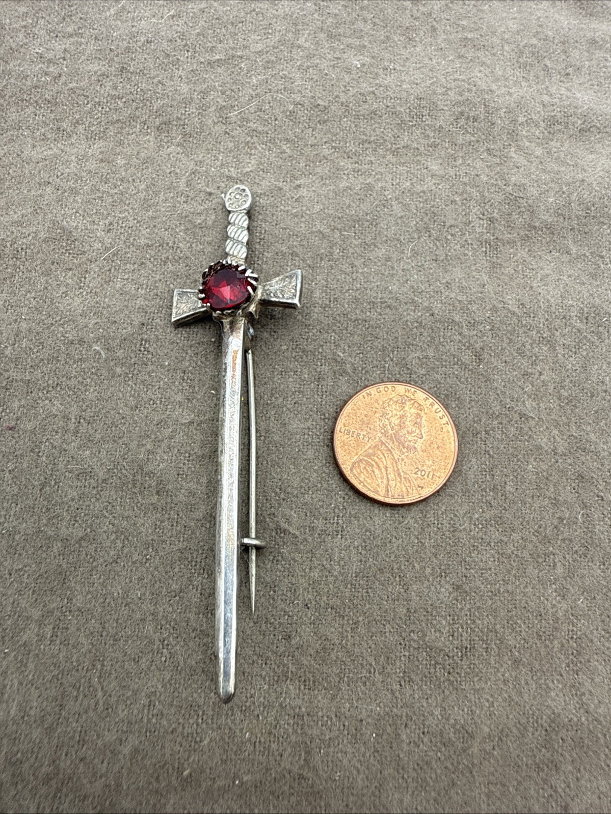 Vintage Sterling Silver Kilt Pin Cross Red Rhinestone Made in Great Britain