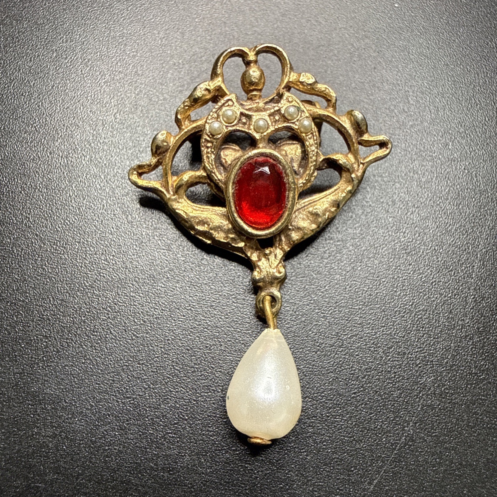 Vtg Victorian Reproduction Costume PIN BROOCH ~ CABOCHON GLASS FAUX PEARL