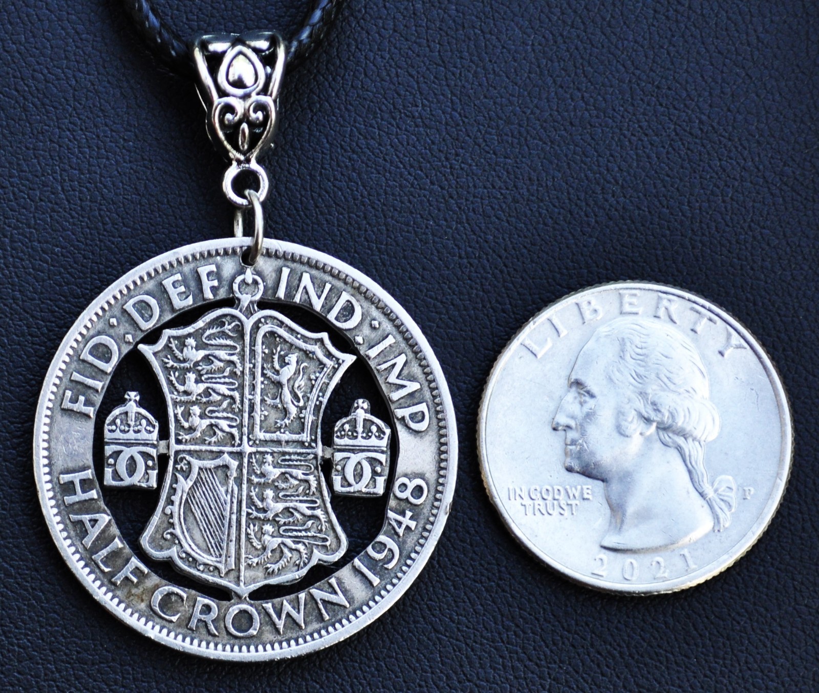 United Kingdom Large Half Crown Cut Coin Pendant Necklace