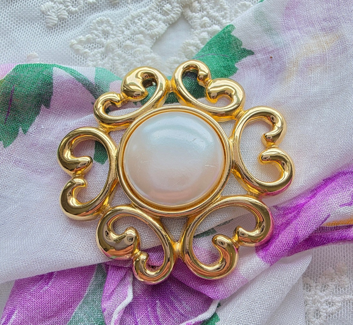 Vintage Signed Givenchy Brooch Pin Faux Pearl Open Work Gold Tone 2″