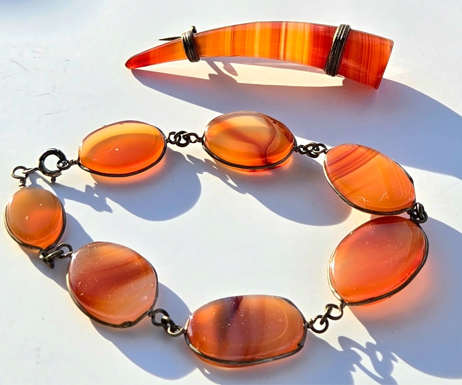 Antique Carnelian Agate Brooch Vintage Link Bracelet Lot 2 Beautiful Pieces